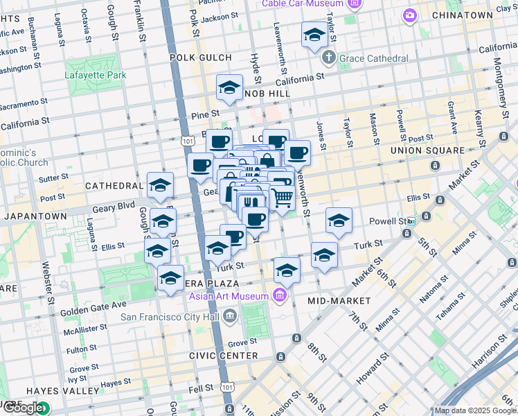 map of restaurants, bars, coffee shops, grocery stores, and more near 765 O'Farrell Street in San Francisco