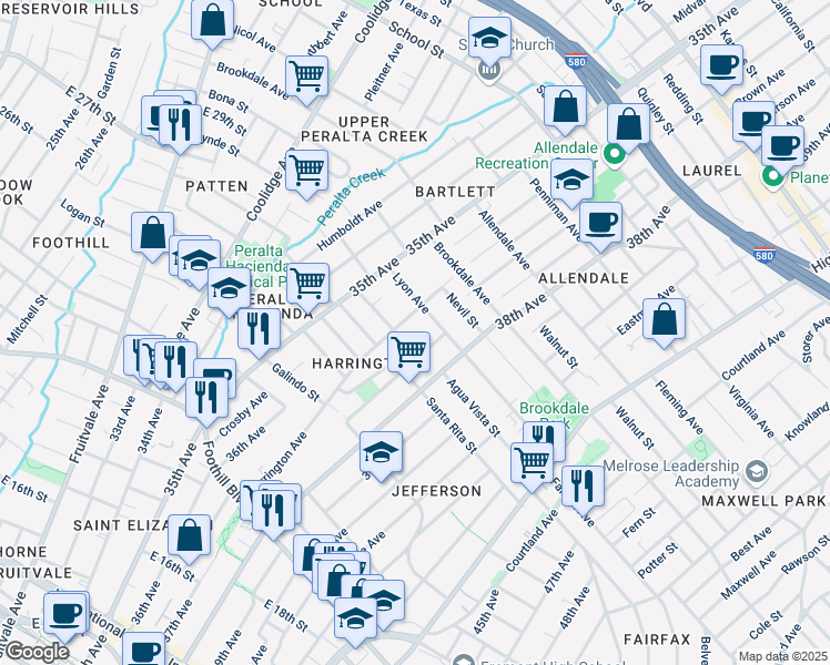 map of restaurants, bars, coffee shops, grocery stores, and more near 2405 Ransom Avenue in Oakland