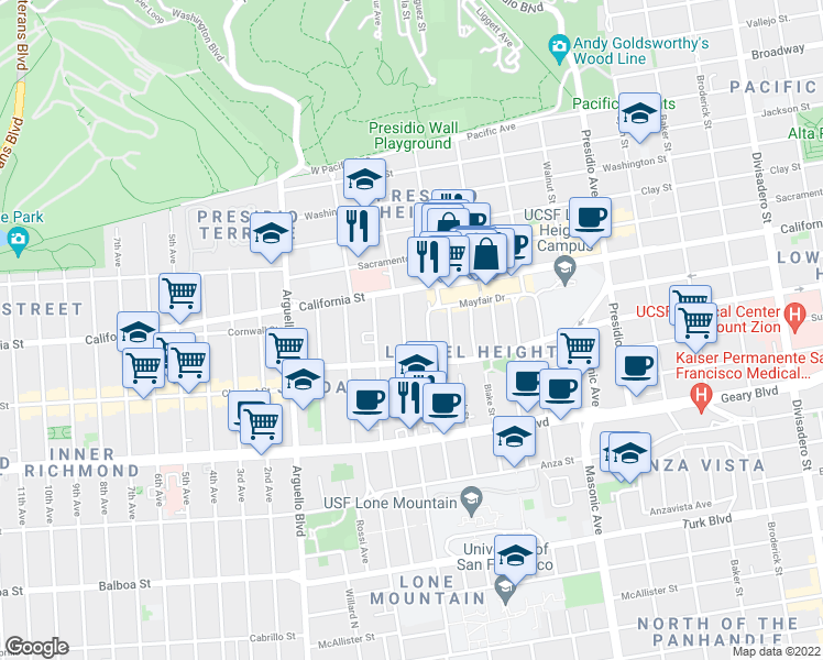 map of restaurants, bars, coffee shops, grocery stores, and more near 2 Parker Avenue in San Francisco