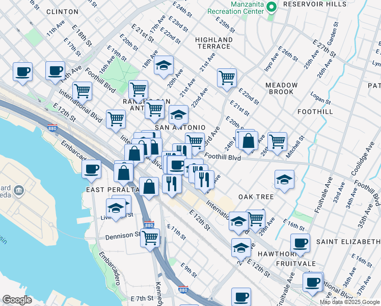 map of restaurants, bars, coffee shops, grocery stores, and more near 1545 23rd Avenue in Oakland