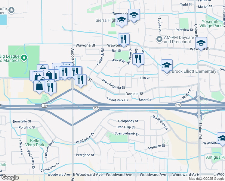 map of restaurants, bars, coffee shops, grocery stores, and more near 1761 Daniels Street in Manteca
