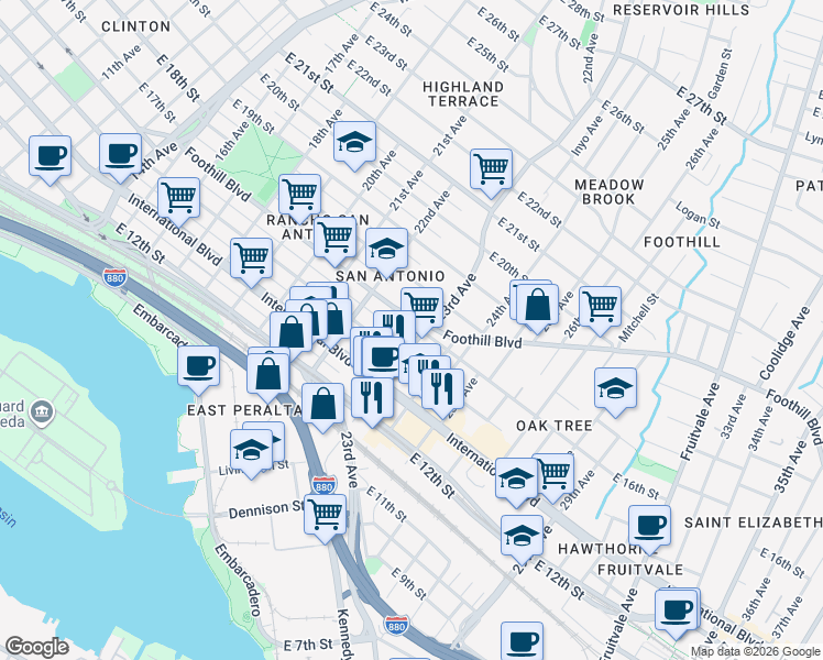 map of restaurants, bars, coffee shops, grocery stores, and more near 1547 23rd Avenue in Oakland