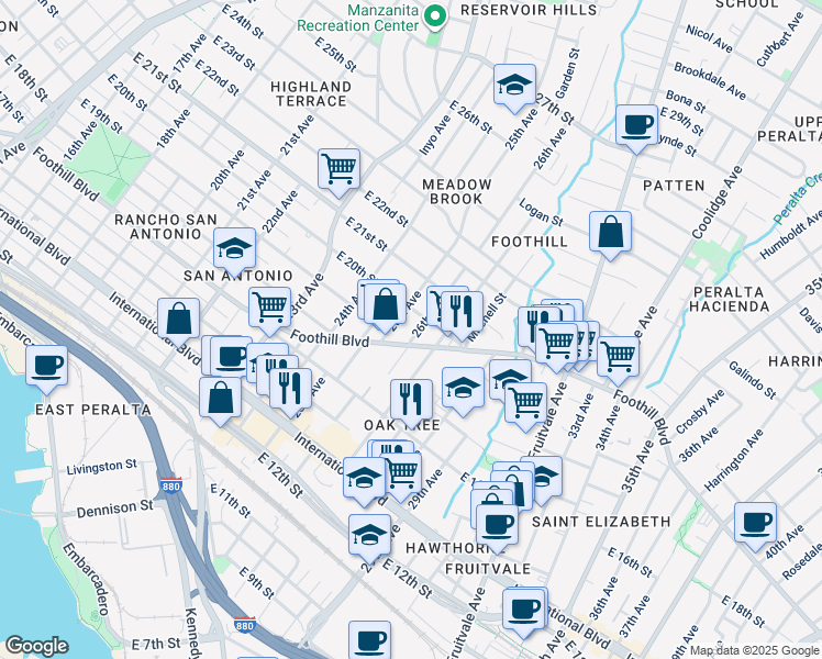 map of restaurants, bars, coffee shops, grocery stores, and more near 1921 26th Avenue in Oakland