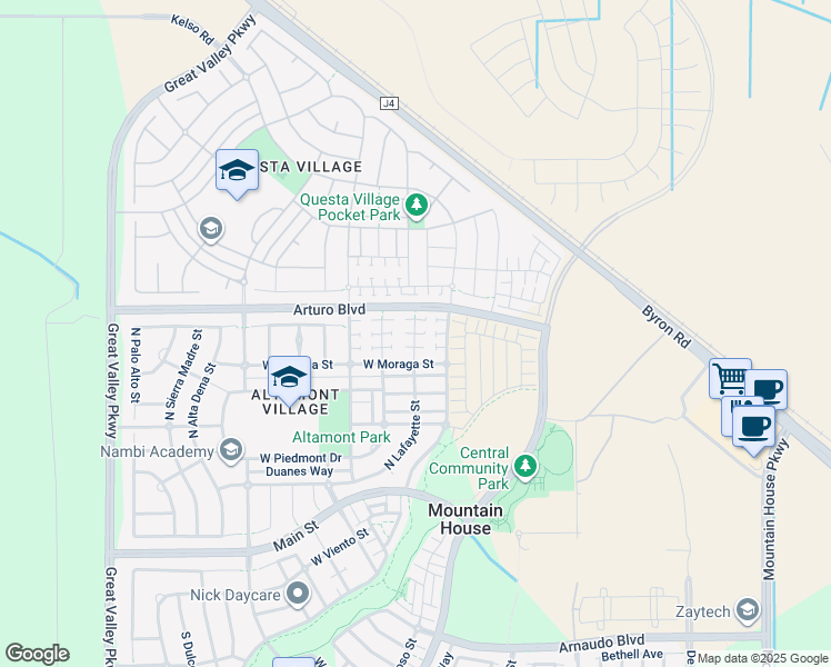 map of restaurants, bars, coffee shops, grocery stores, and more near 454 Lafayette Court in Tracy