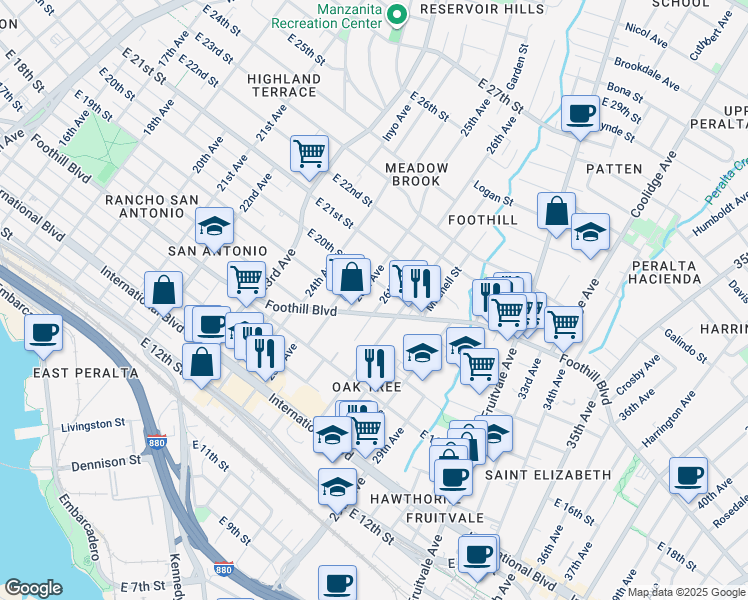 map of restaurants, bars, coffee shops, grocery stores, and more near 1921 26th Avenue in Oakland
