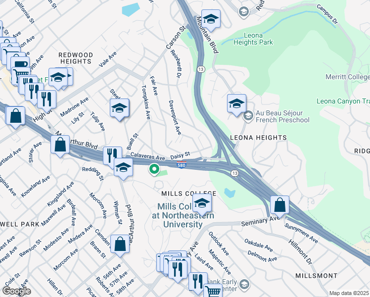 map of restaurants, bars, coffee shops, grocery stores, and more near 5000 Fair Avenue in Oakland
