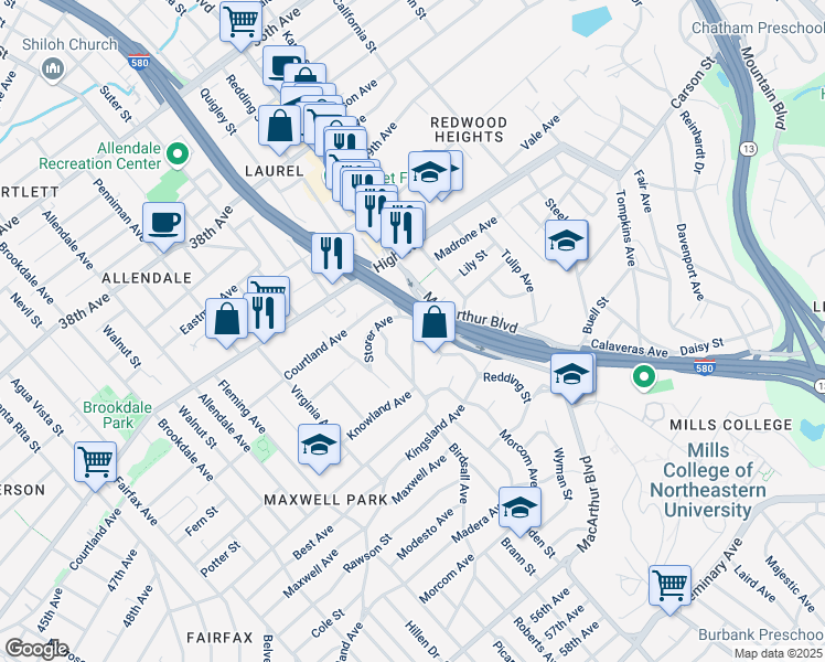 map of restaurants, bars, coffee shops, grocery stores, and more near 3473 Birdsall Avenue in Oakland