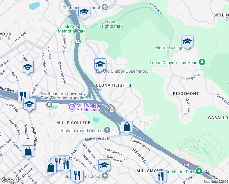 map of restaurants, bars, coffee shops, grocery stores, and more near 5555 Leona Street in Oakland