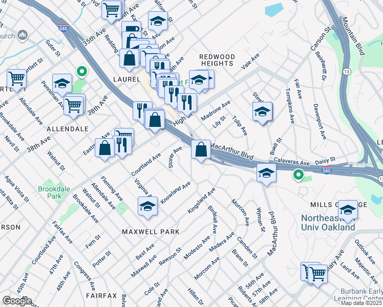 map of restaurants, bars, coffee shops, grocery stores, and more near 3473 Birdsall Avenue in Oakland