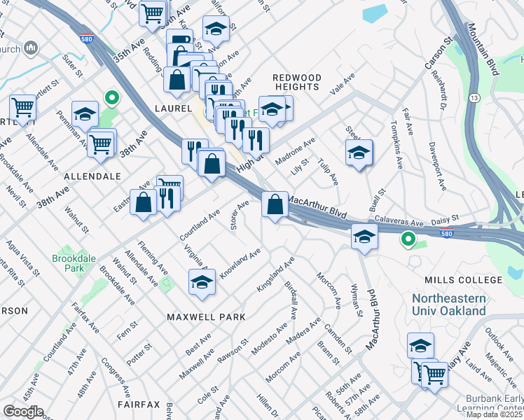 map of restaurants, bars, coffee shops, grocery stores, and more near 3473 Birdsall Avenue in Oakland