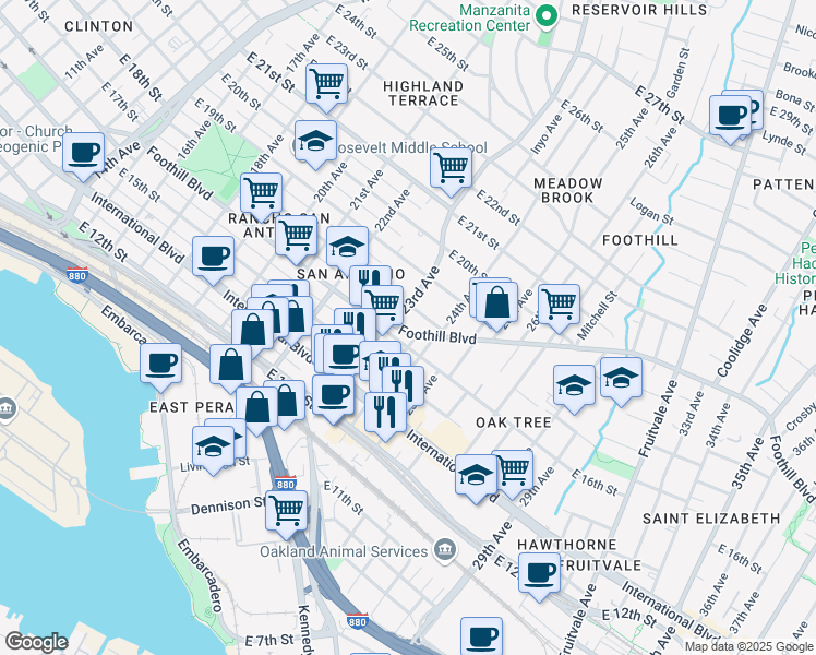 map of restaurants, bars, coffee shops, grocery stores, and more near 2324 Foothill Boulevard in Oakland