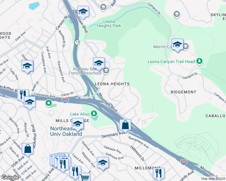 map of restaurants, bars, coffee shops, grocery stores, and more near 5555 Leona Street in Oakland