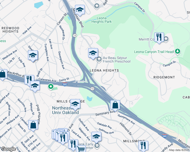map of restaurants, bars, coffee shops, grocery stores, and more near 5400 Mountain Boulevard in Oakland