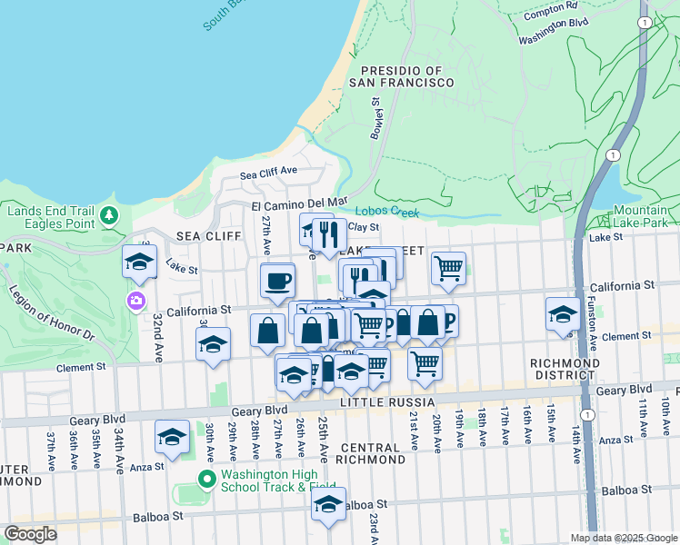 map of restaurants, bars, coffee shops, grocery stores, and more near 240 24th Avenue in San Francisco