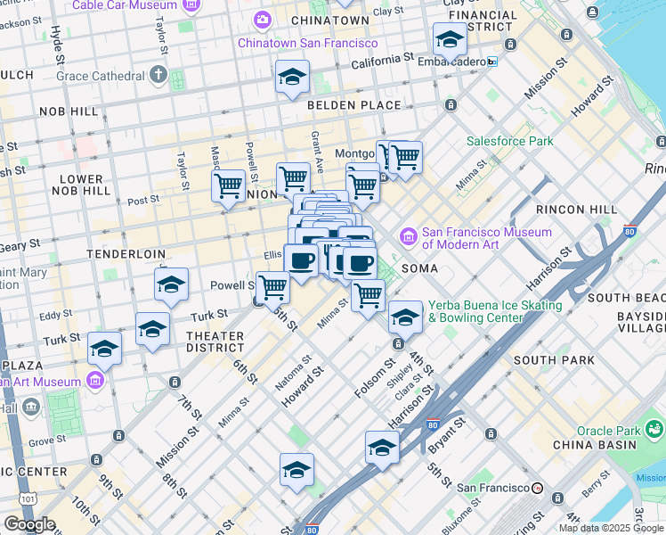 map of restaurants, bars, coffee shops, grocery stores, and more near 55 4th Street in San Francisco