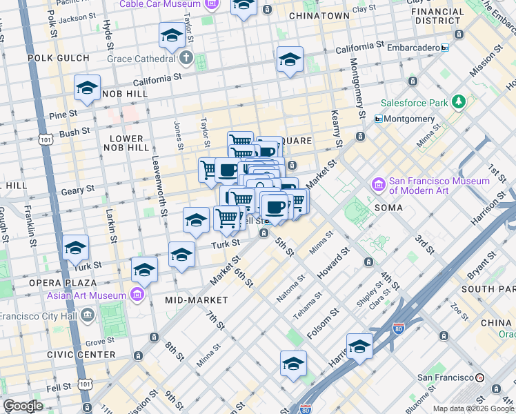 map of restaurants, bars, coffee shops, grocery stores, and more near Cyril Magnin Street in San Francisco
