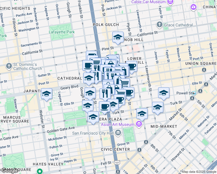 map of restaurants, bars, coffee shops, grocery stores, and more near 151 Alice B Toklas in San Francisco