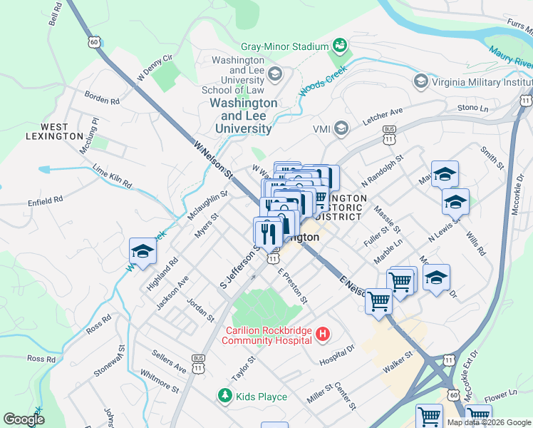map of restaurants, bars, coffee shops, grocery stores, and more near 122 West Nelson Street in Lexington