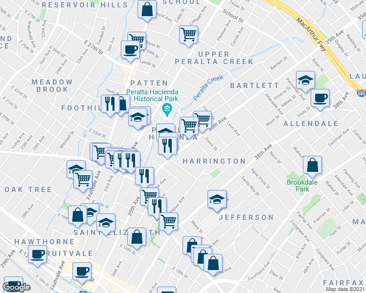 map of restaurants, bars, coffee shops, grocery stores, and more near 2201 35th Avenue in Oakland