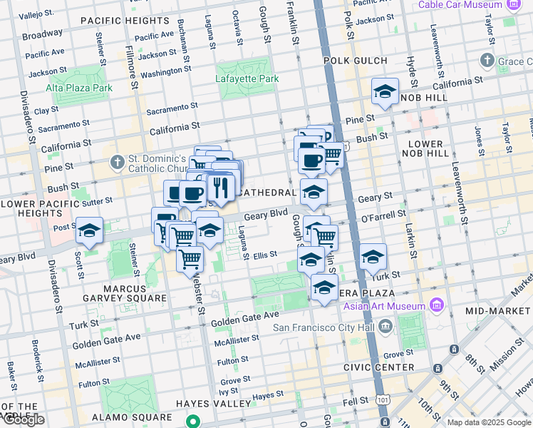 map of restaurants, bars, coffee shops, grocery stores, and more near Geary Boulevard & Cleary Court in San Francisco