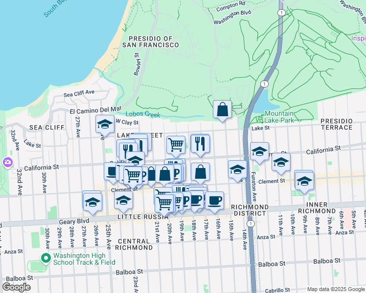 map of restaurants, bars, coffee shops, grocery stores, and more near Lake Street in San Francisco