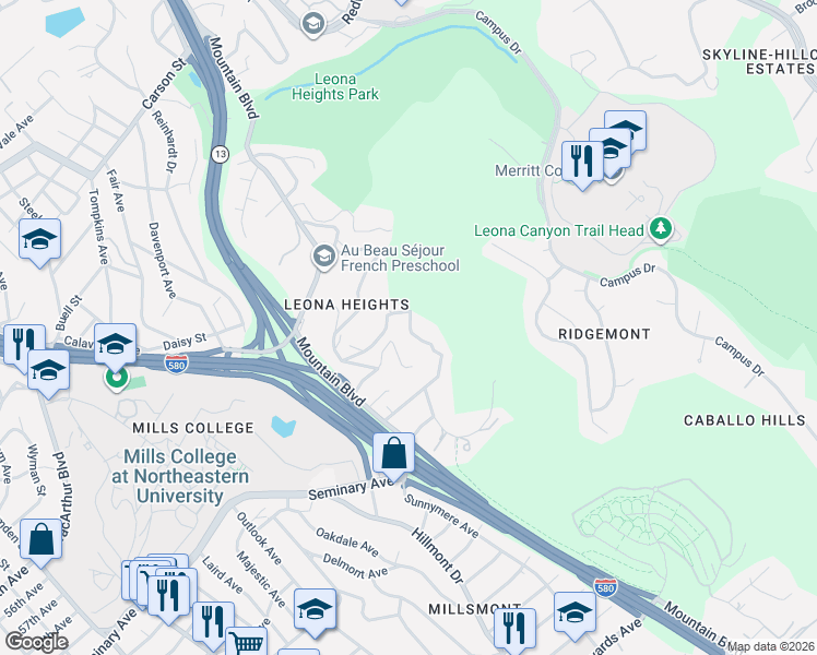 map of restaurants, bars, coffee shops, grocery stores, and more near 4351 Mountain View Avenue in Oakland