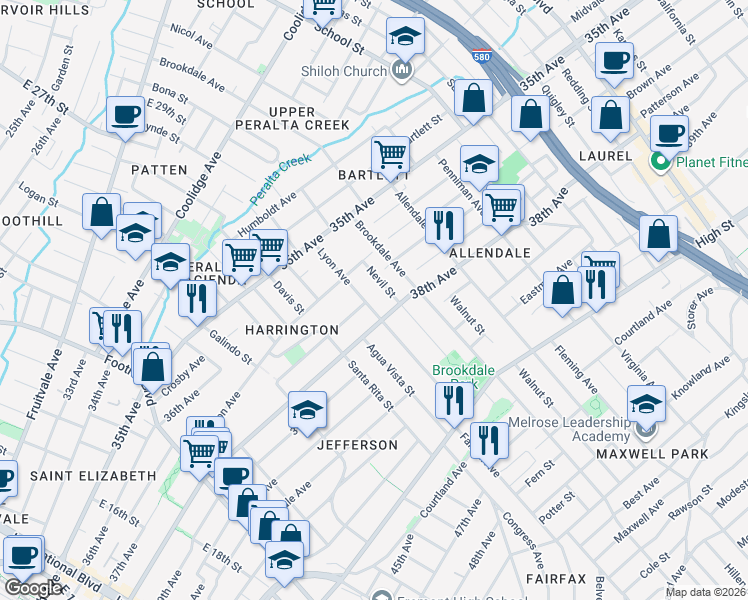 map of restaurants, bars, coffee shops, grocery stores, and more near 3704 Lyon Avenue in Oakland