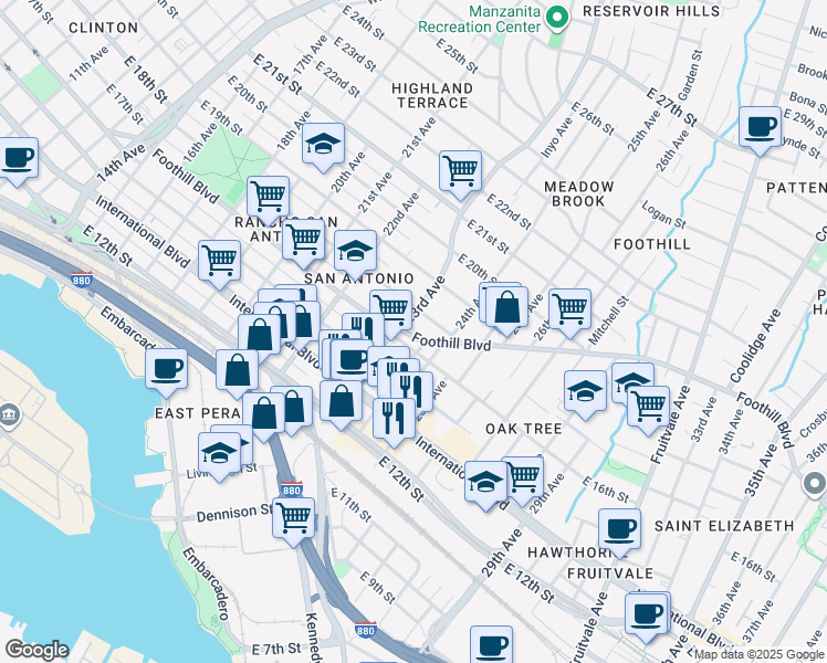 map of restaurants, bars, coffee shops, grocery stores, and more near 2324 Foothill Boulevard in Oakland