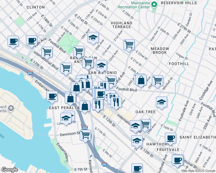 map of restaurants, bars, coffee shops, grocery stores, and more near 1529 23rd Avenue in Oakland