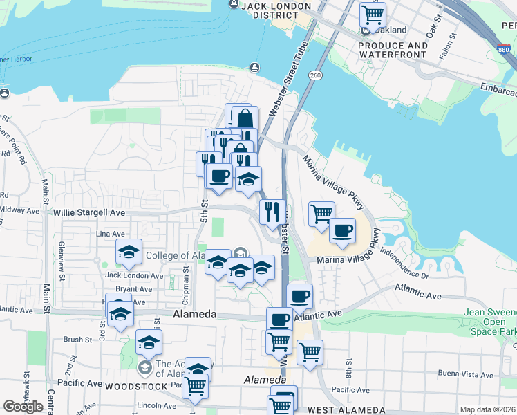 map of restaurants, bars, coffee shops, grocery stores, and more near in Alameda
