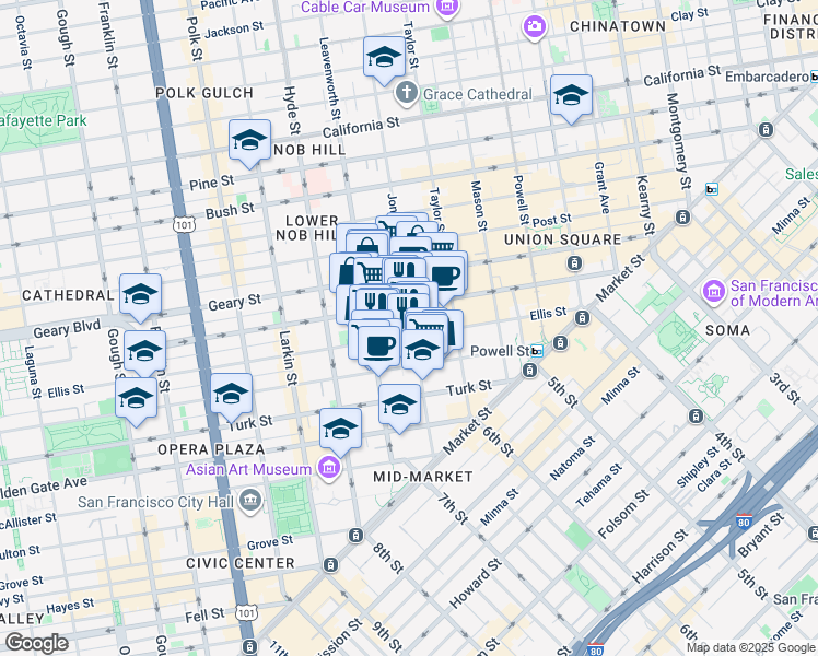 map of restaurants, bars, coffee shops, grocery stores, and more near 440 Ellis Street in San Francisco