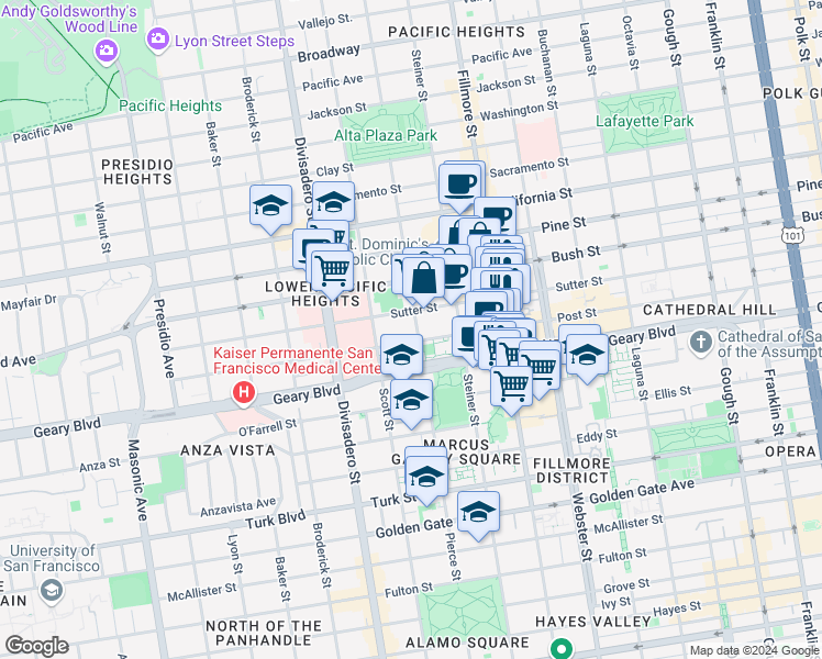 map of restaurants, bars, coffee shops, grocery stores, and more near 2135 Sutter Street in San Francisco