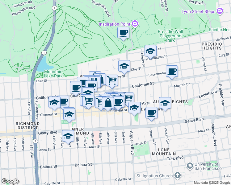 map of restaurants, bars, coffee shops, grocery stores, and more near 4101 California Street in San Francisco