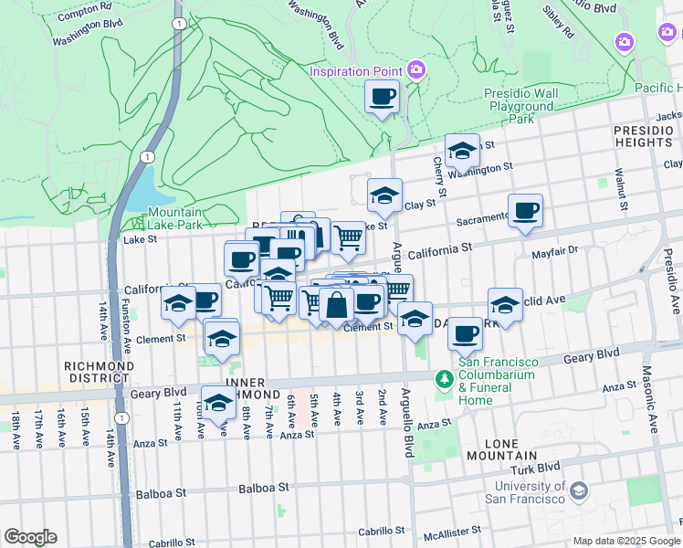 map of restaurants, bars, coffee shops, grocery stores, and more near 4101 California Street in San Francisco