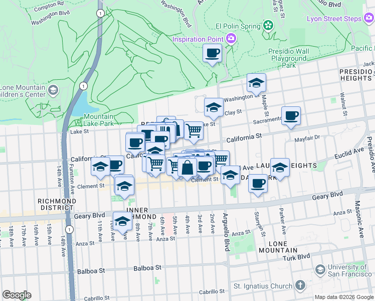 map of restaurants, bars, coffee shops, grocery stores, and more near 4101 California Street in San Francisco