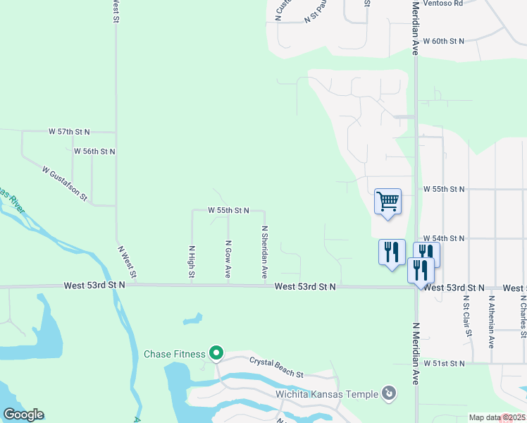 map of restaurants, bars, coffee shops, grocery stores, and more near W 55th Street North in Wichita
