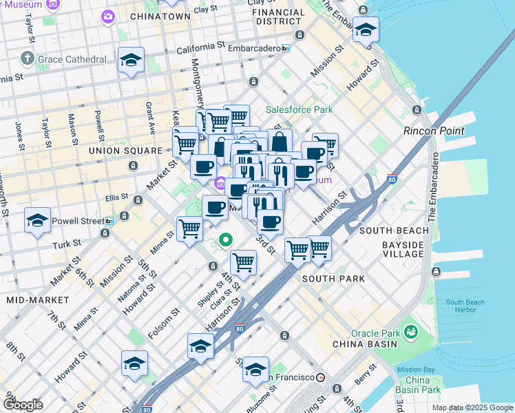 map of restaurants, bars, coffee shops, grocery stores, and more near 50 Hawthorne Street in San Francisco