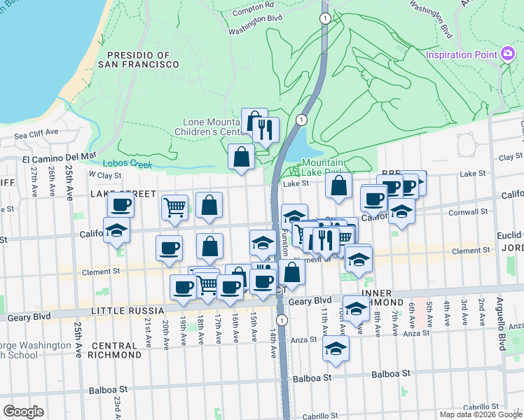 map of restaurants, bars, coffee shops, grocery stores, and more near 163 14th Avenue in San Francisco