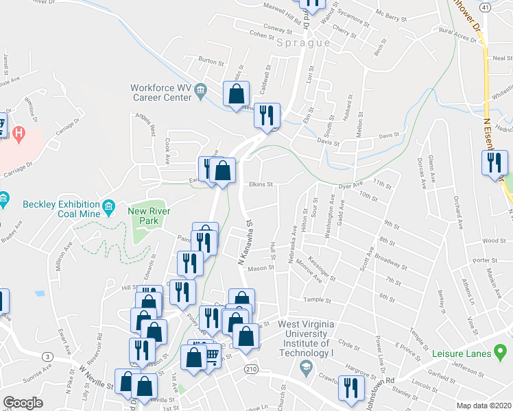 map of restaurants, bars, coffee shops, grocery stores, and more near 109 Quesenberry Street in Beckley
