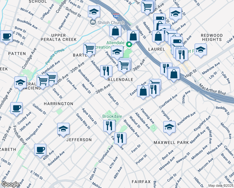 map of restaurants, bars, coffee shops, grocery stores, and more near 3929 Allendale Avenue in Oakland