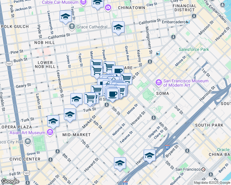 map of restaurants, bars, coffee shops, grocery stores, and more near in San Francisco