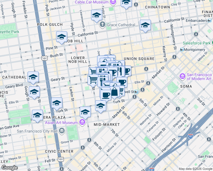 map of restaurants, bars, coffee shops, grocery stores, and more near 344 Ellis Street in San Francisco