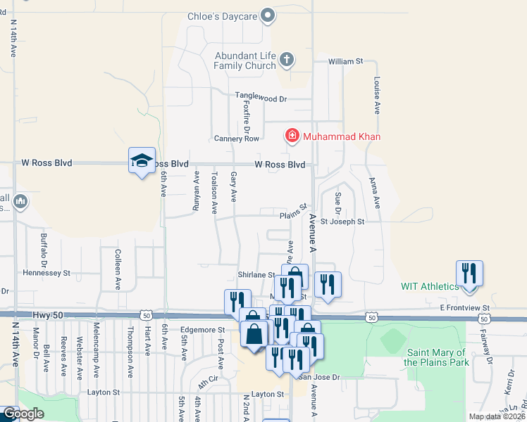 map of restaurants, bars, coffee shops, grocery stores, and more near 208-398 Plains Street in Dodge City