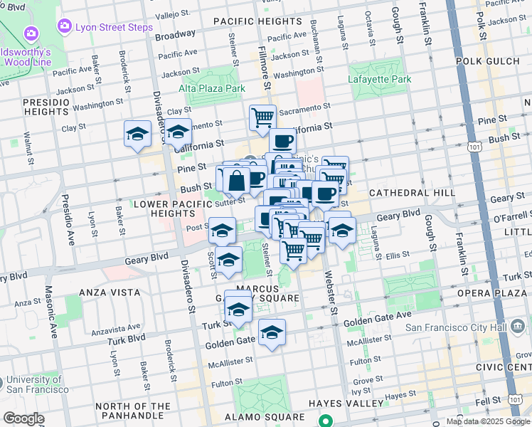 map of restaurants, bars, coffee shops, grocery stores, and more near 1970 Post Street in San Francisco