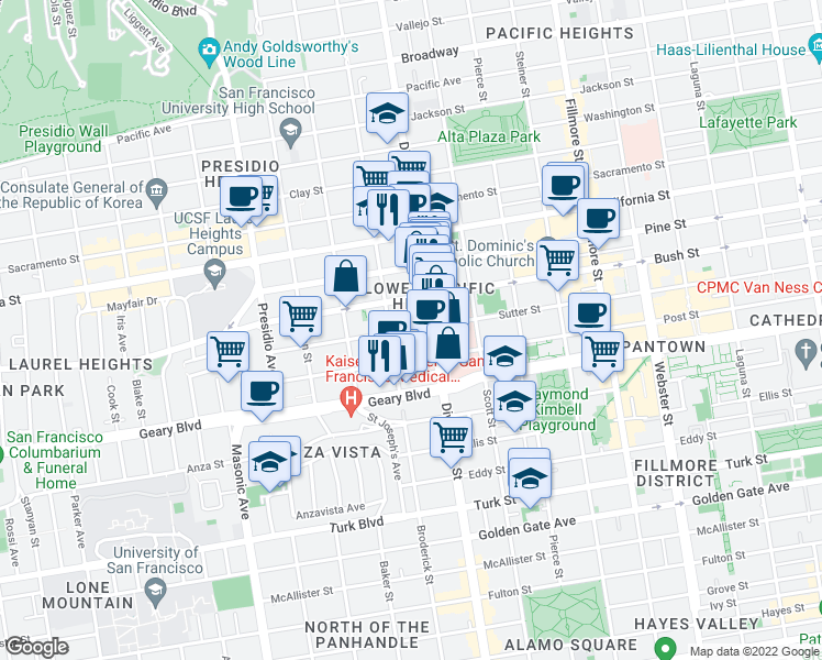 map of restaurants, bars, coffee shops, grocery stores, and more near 2401 Sutter Street in San Francisco