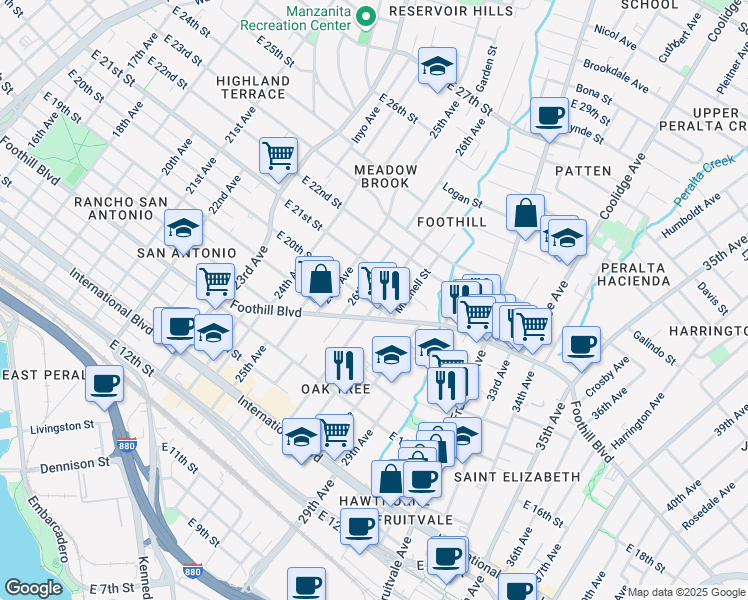 map of restaurants, bars, coffee shops, grocery stores, and more near 2003 27th Avenue in Oakland