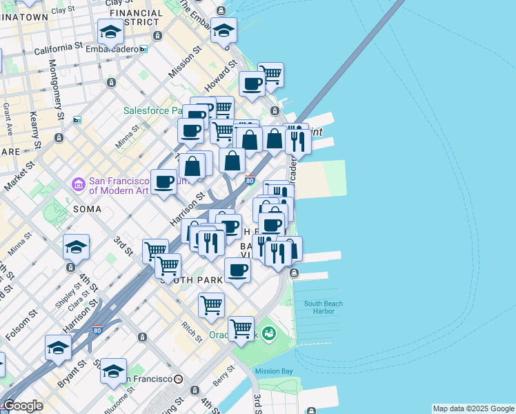 map of restaurants, bars, coffee shops, grocery stores, and more near 160 Brannan Street in San Francisco