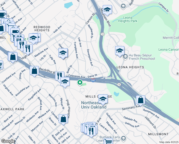 map of restaurants, bars, coffee shops, grocery stores, and more near Fair Avenue in Oakland
