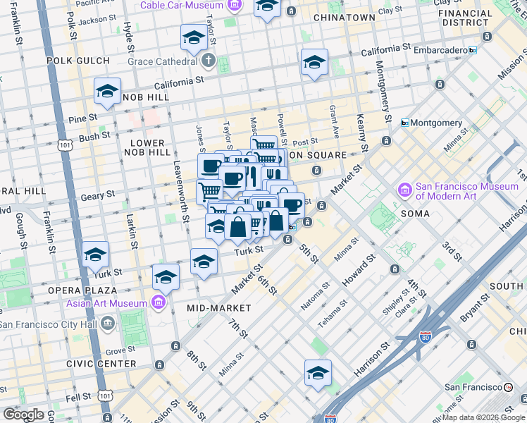 map of restaurants, bars, coffee shops, grocery stores, and more near 225 Ellis Street in San Francisco