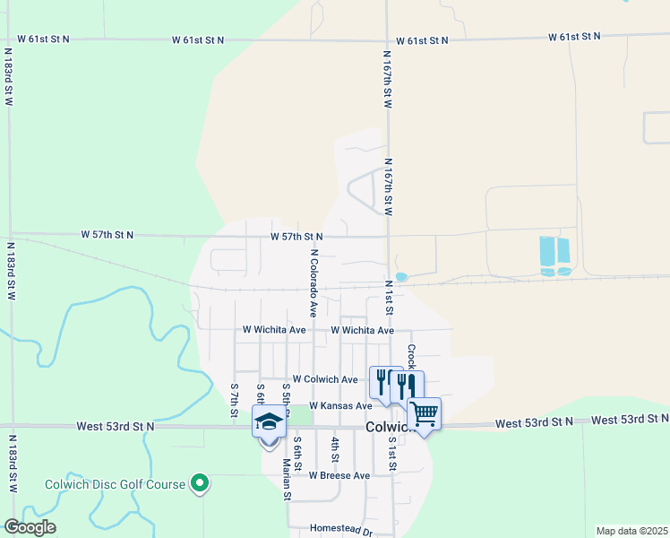 map of restaurants, bars, coffee shops, grocery stores, and more near 305 Cedar Court in Colwich